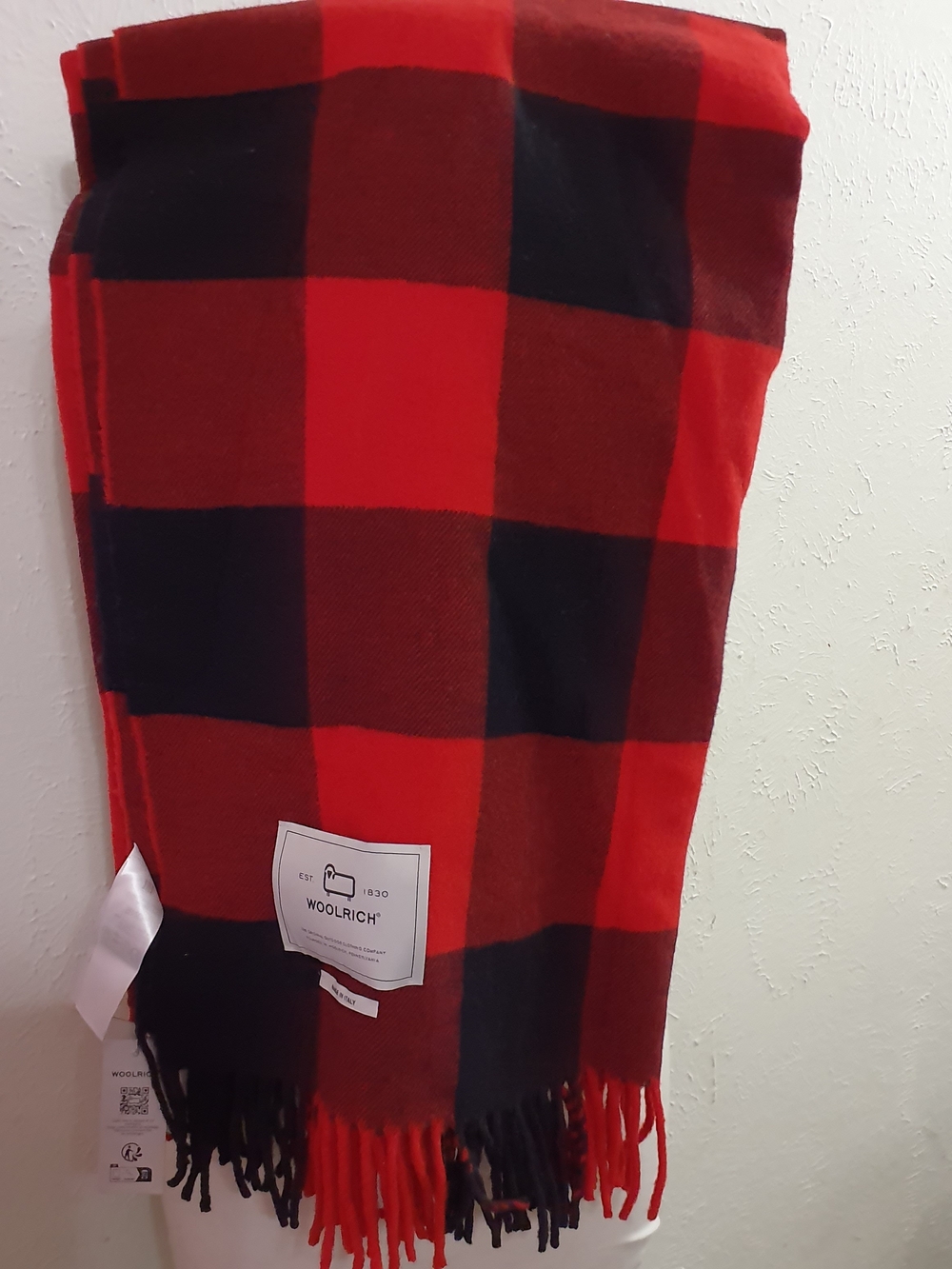 Woolrich Red and Black Plaid Wool Scarf with Fringe